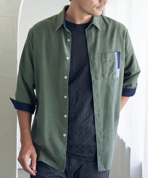 ikka(イッカ)の「7分リネン混切り替えポケットシャツ(シャツ/ブラウス・メンズ・ホワイト/チャコールグレー/ネイビー/オリーブ・M/L/XL/S)」の4枚目の写真