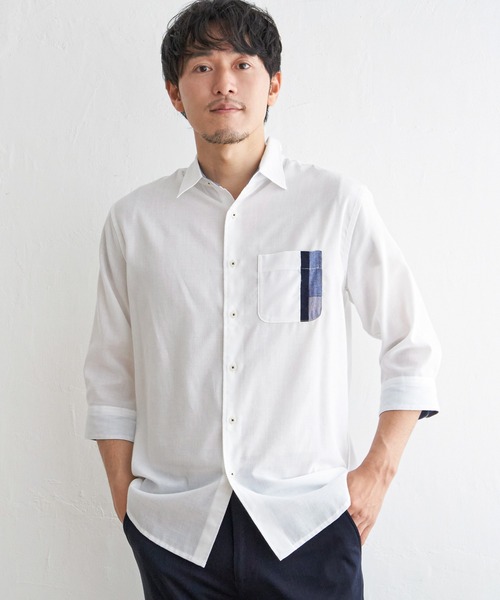 ikka(イッカ)の「7分リネン混切り替えポケットシャツ(シャツ/ブラウス・メンズ・ホワイト/チャコールグレー/ネイビー/オリーブ・M/L/XL/S)」の14枚目の写真