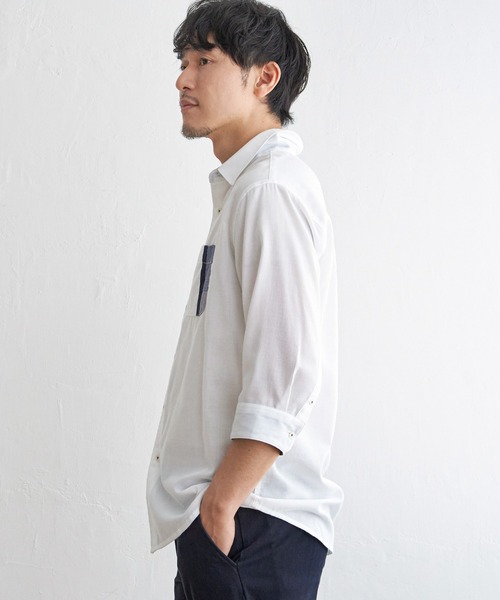 ikka(イッカ)の「7分リネン混切り替えポケットシャツ(シャツ/ブラウス・メンズ・ホワイト/チャコールグレー/ネイビー/オリーブ・M/L/XL/S)」の15枚目の写真