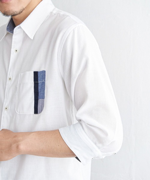 ikka(イッカ)の「7分リネン混切り替えポケットシャツ(シャツ/ブラウス・メンズ・ホワイト/チャコールグレー/ネイビー/オリーブ・M/L/XL/S)」の19枚目の写真