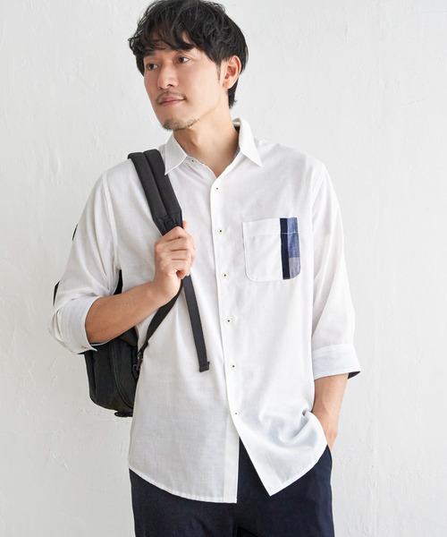 ikka(イッカ)の「7分リネン混切り替えポケットシャツ(シャツ/ブラウス・メンズ・ホワイト/チャコールグレー/ネイビー/オリーブ・M/L/XL/S)」の13枚目の写真