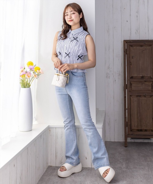 clear（クリア）の「リボン付キノースリーブブラウス（シャツ/ブラウス・レディース・サックスブルー/ホワイト系その他2/ホワイト系その他・F）」の6枚目の写真