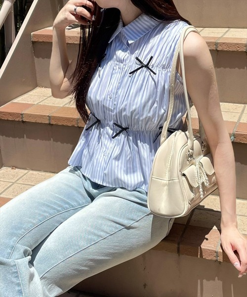 clear（クリア）の「リボン付キノースリーブブラウス（シャツ/ブラウス・レディース・サックスブルー/ホワイト系その他2/ホワイト系その他・F）」の20枚目の写真