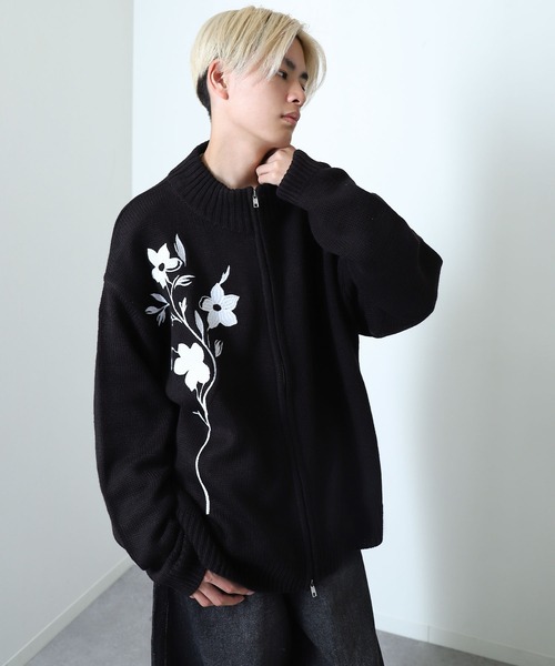 NILWAY(ニルウェイ)の「フラワー 刺繍 ダブル ジップ ドライバーズニット(ニット/セーター・メンズ・ブラック/アイボリー/チャコール・LARGE/MEDIUM)」の7枚目の写真