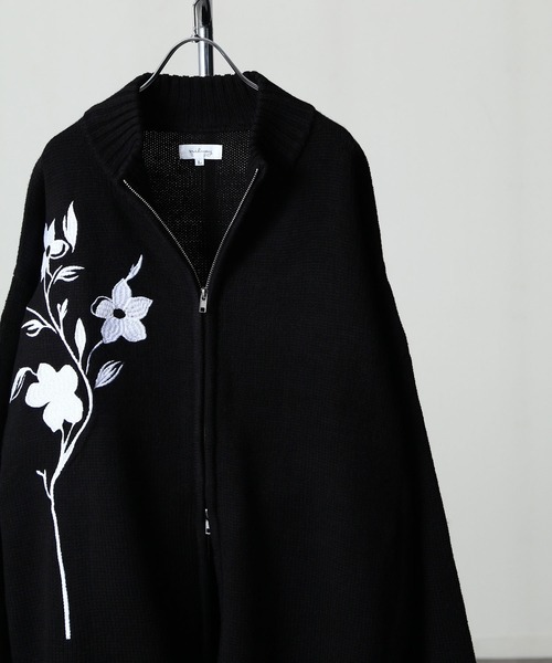 フラワー 刺繍ダブル ジップ ドライバーズニット