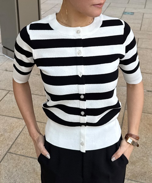 JENNE（ジェンヌ）の「カーディガン風サマーボーダーニット（ニット/セーター・レディース・グリーン/ブラック・SMALL/MEDIUM/LARGE）」の4枚目の写真