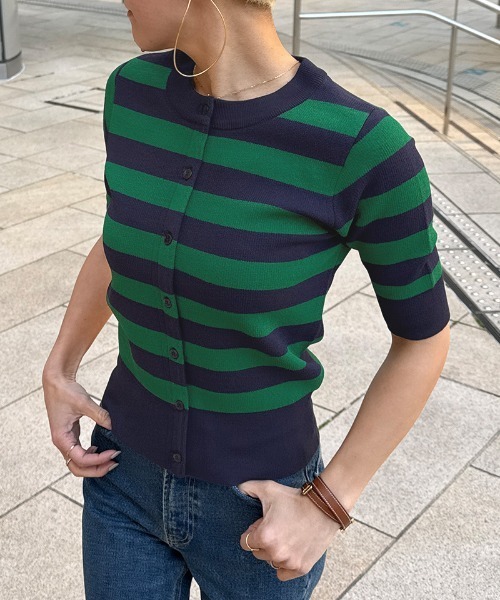 JENNE（ジェンヌ）の「カーディガン風サマーボーダーニット（ニット/セーター・レディース・グリーン/ブラック・SMALL/MEDIUM/LARGE）」の22枚目の写真