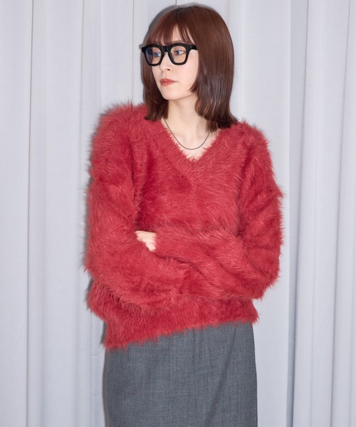 最終価格【美品】machatt フラワーシャギーニット　赤 Vネックシャギーニット（ニット/セーター）｜leimn（レイムン