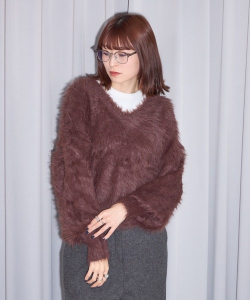 ニット セーター シャギーVネックニット　/ニット　ニットトップス　Vネック　Vネックニット　シャギー　シャギーニット　長袖　春服　秋服　冬服　きれい United store ニット セーター Vネックシャギーニットトップ