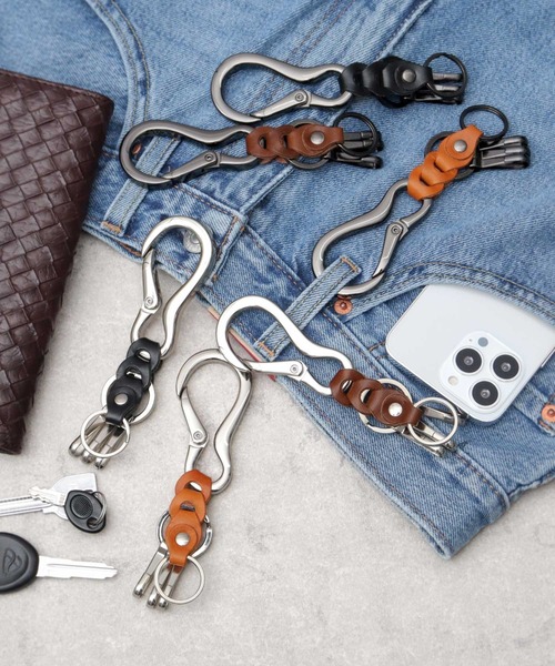 本革　編み込み　カラビナ付き　財布ストラップ(?) 日本製 栃木レザー 編みベルト付き ダルマカラビナ キーホルダー