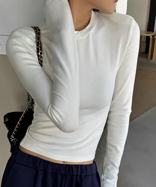DAY CLOSET(デイ クローゼット)の「【大きいサイズ有/ストレッチ有】 レイヤード即戦力。長袖 シアー ピーチスキン カットソー レディース(Tシャツ/カットソー・レディース・ホワイト/ブラック・L/XL/M)」の12枚目の写真