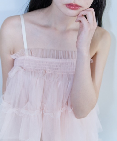 新品・HONEY MI HONEY ハニーミーハニー・チュールトップス・ピンクF セール】tulle tiered tunic camisole（キャミソール）｜HONEY
