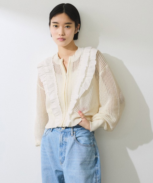 ADAM ET ROPE'(アダムエロペ)の「【WEB限定】ラッフルメッシュ編みカーディガン(カーディガン/ボレロ・レディース・ダークブラウン/ブラック/オフホワイト・FREE)」の22枚目の写真