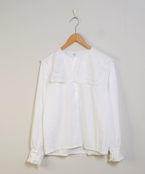 shopnikoniko（ショップニコニコ）の「ブラウス 長袖 襟 ビックカラー 白 レース 刺繍 キレイめ ビッグカラーシャツ（シャツ/ブラウス・レディース・ホワイト・フリー）」の16枚目の写真