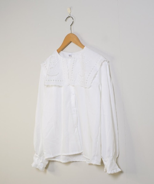 shopnikoniko（ショップニコニコ）の「ブラウス 長袖 襟 ビックカラー 白 レース 刺繍 キレイめ ビッグカラーシャツ（シャツ/ブラウス・レディース・ホワイト・フリー）」の15枚目の写真