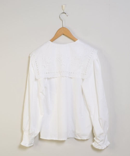 shopnikoniko（ショップニコニコ）の「ブラウス 長袖 襟 ビックカラー 白 レース 刺繍 キレイめ ビッグカラーシャツ（シャツ/ブラウス・レディース・ホワイト・フリー）」の14枚目の写真