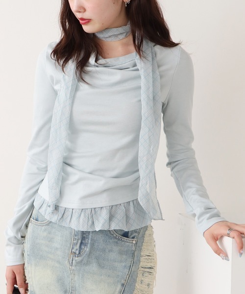 ROOPTOKYO(ループトウキョウ)の「スカーフ付きフリルギャザートップス(Tシャツ/カットソー・レディース・ブルー/ホワイト・FREE)」の1枚目の写真