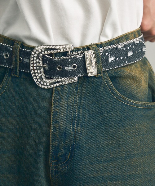 【期間限定値下げ】ベルモンド　ウォーマー　belMondo セール】rhinestone denim belt / ラインストーンデニムベルト