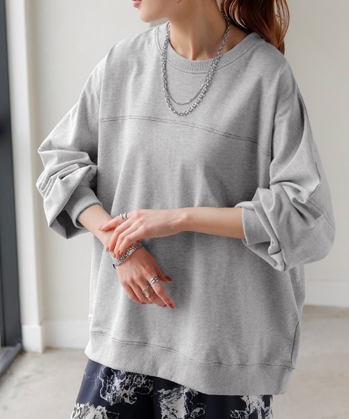 HUG.U(ハグユー)の「ステッチゆるロンT(Tシャツ/カットソー・レディース・サンドベージュ/ダークグレー/グリーン/ライトグレー/ホワイト/ブラック/ブルー・FREE)」の1枚目の写真
