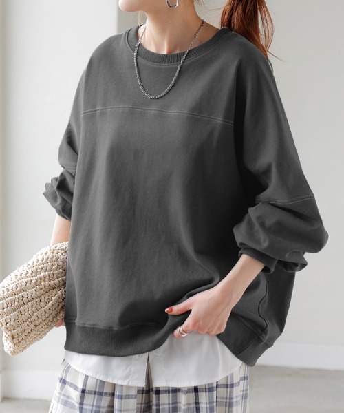 HUG.U(ハグユー)の「ステッチゆるロンT(Tシャツ/カットソー・レディース・サンドベージュ/ダークグレー/グリーン/ライトグレー/ホワイト/ブラック/ブルー・FREE)」の4枚目の写真