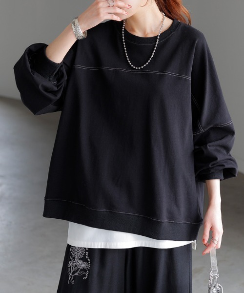 HUG.U(ハグユー)の「ステッチゆるロンT(Tシャツ/カットソー・レディース・サンドベージュ/ダークグレー/グリーン/ライトグレー/ホワイト/ブラック/ブルー・FREE)」の3枚目の写真