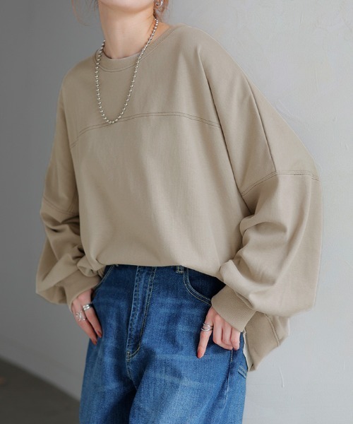 HUG.U(ハグユー)の「ステッチゆるロンT(Tシャツ/カットソー・レディース・サンドベージュ/ダークグレー/グリーン/ライトグレー/ホワイト/ブラック/ブルー・FREE)」の15枚目の写真