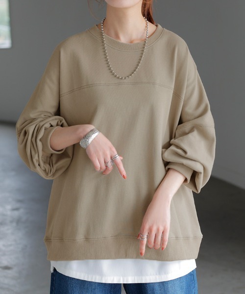 HUG.U(ハグユー)の「ステッチゆるロンT(Tシャツ/カットソー・レディース・サンドベージュ/ダークグレー/グリーン/ライトグレー/ホワイト/ブラック/ブルー・FREE)」の14枚目の写真