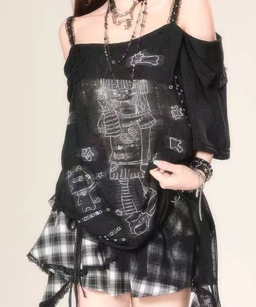 VIVID LADY(ビビッドレディー)の「ビンテージ プリント オフショルダーニット(ニット/セーター・レディース・アイボリー/ブラック・FREE)」の2枚目の写真