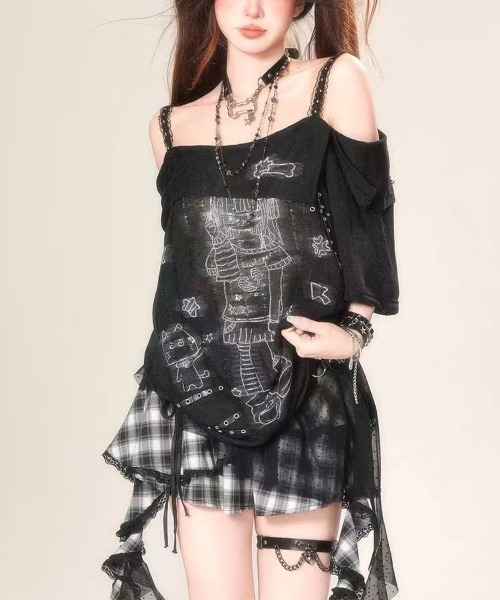 VIVID LADY(ビビッドレディー)の「ビンテージ プリント オフショルダーニット(ニット/セーター・レディース・アイボリー/ブラック・FREE)」の6枚目の写真