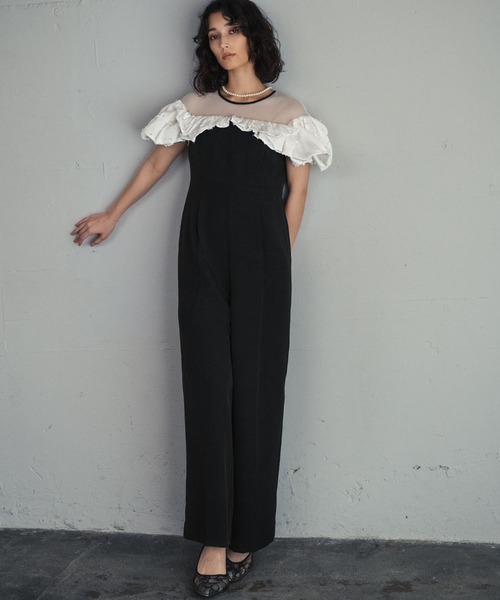 セール】リボンカットジャガード フリル オールインワン パンツドレス