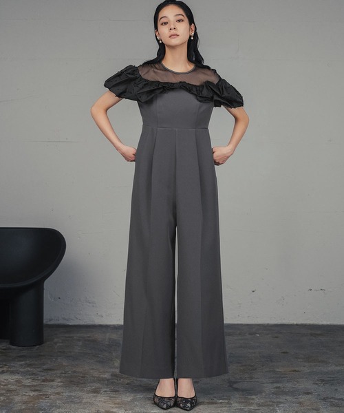 オールインワンパーティードレス　フリル セール】リボンカットジャガード フリル オールインワン パンツドレス