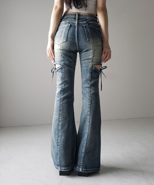 カットアウトリボンヴィンテージストレッチフレアデニム me+em select 2color ／ 3size 】カットアウトリボンヴィンテージストレッチ