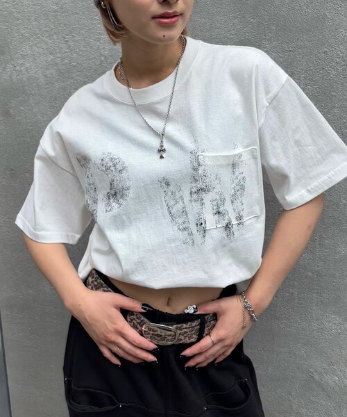 tシャツ 2サイズ「Sourcream」PWステンシルプリントポケットTEE レディース メンズ セール】2サイズ【Sourcream】PWステンシルプリントポケットTEE