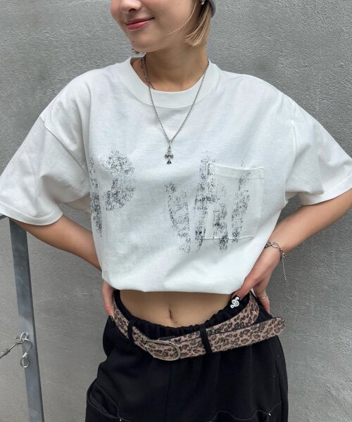 Sourcream（サワークリーム）の「2サイズ【Sourcream】PWステンシルプリントポケットTEE（Tシャツ/カットソー・レディース・グレー/ブラック/ホワイト・MEDIUM/LARGE）」の5枚目の写真