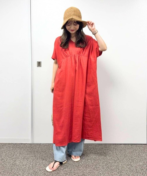 セール】リネンレーヨンVネック切替ギャザーワンピース