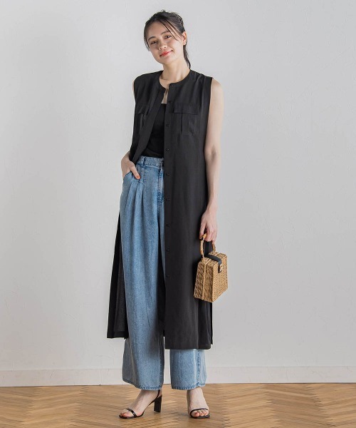 Droite lautreamont（ドロワットロートレアモン）の「麻調リブシャツワンピース≪手洗い可能≫（ワンピース・レディース・ブラック/グリーン・M）」の9枚目の写真