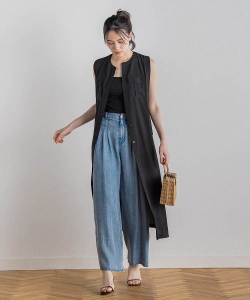 Droite lautreamont（ドロワットロートレアモン）の「麻調リブシャツワンピース≪手洗い可能≫（ワンピース・レディース・ブラック/グリーン・M）」の10枚目の写真