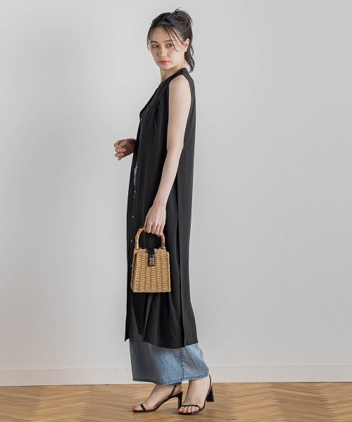 Droite lautreamont（ドロワットロートレアモン）の「麻調リブシャツワンピース≪手洗い可能≫（ワンピース・レディース・ブラック/グリーン・M）」の12枚目の写真