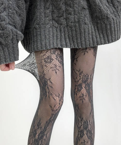 Burner（バーナー）の「【OKUOKU　0909】フローラル　レース　タイツ oku-tights-872424405241-8（タイツ/ストッキング・レディース・ブラック/オフホワイト/グレー/ダークブラウン/パープル・FREE）」の4枚目の写真