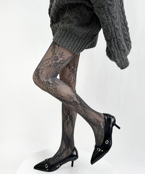 Burner（バーナー）の「【OKUOKU　0909】フローラル　レース　タイツ oku-tights-872424405241-8（タイツ/ストッキング・レディース・ブラック/オフホワイト/グレー/ダークブラウン/パープル・FREE）」の8枚目の写真