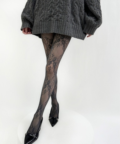 Burner（バーナー）の「【OKUOKU　0909】フローラル　レース　タイツ oku-tights-872424405241-8（タイツ/ストッキング・レディース・ブラック/オフホワイト/グレー/ダークブラウン/パープル・FREE）」の7枚目の写真