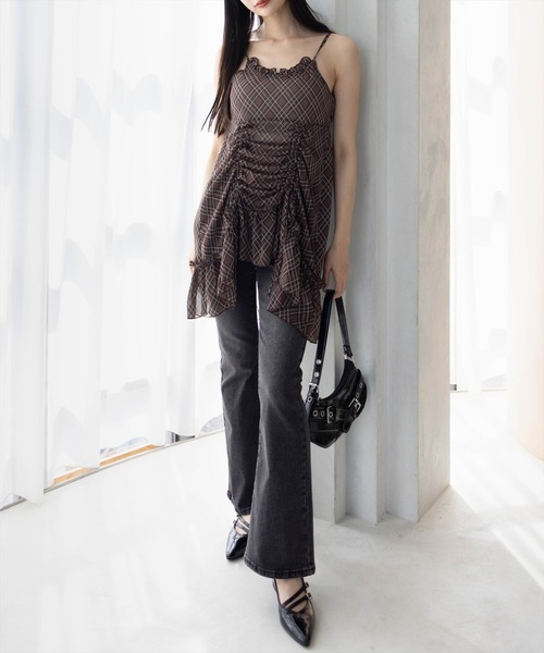clear（クリア）の「チェック柄シャーリングシアーチュニック[着回し力抜群 ガーリー キャミ]（チュニック・レディース・チャコールグレー/ベージュ/ブラウン・F）」の5枚目の写真