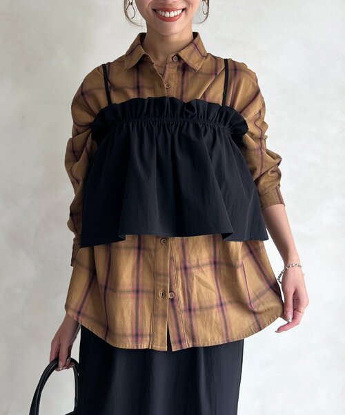 Chez toi（シェトワ）の「ウエスト絞りチェックシャツ（シャツ/ブラウス・レディース・ホワイト/ネイビー/イエロー・FREE）」の3枚目の写真