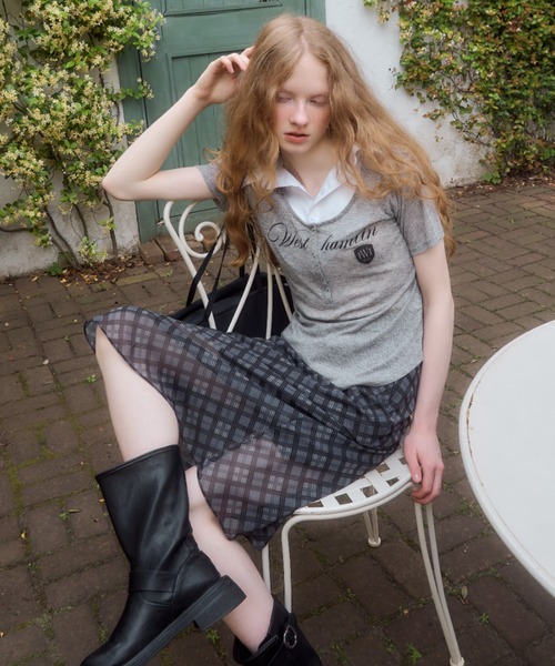チェックシアーミディ丈スカート/check sheer midi skirt