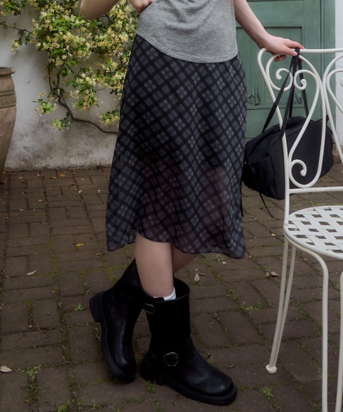 スカート june チェックシアーミディ丈スカート/check sheer midi skirt