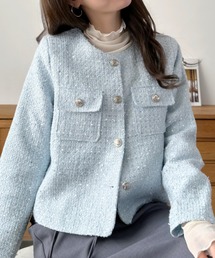 ノーカラージャケット（ブルー・ネイビー/青色系・ツイード