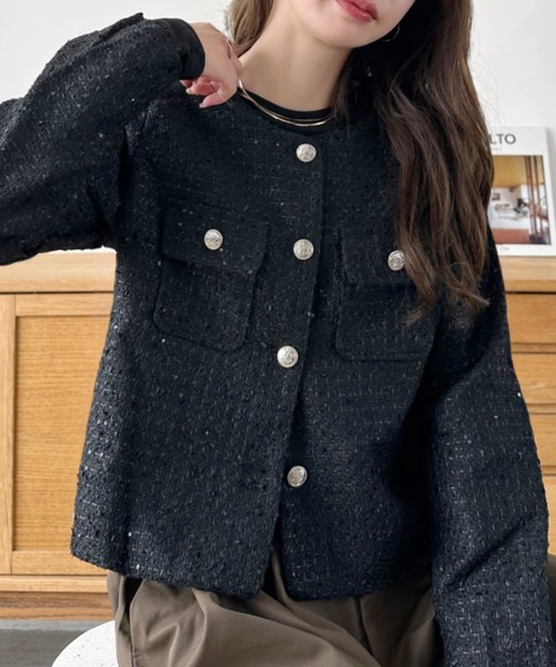 Eclat one（エクラワン）の「【Eclat one】ショート丈 ノーカラー ツイードジャケット（ノーカラージャケット・レディース・ホワイト/ライトブルー/ブラック・M/L）」の9枚目の写真