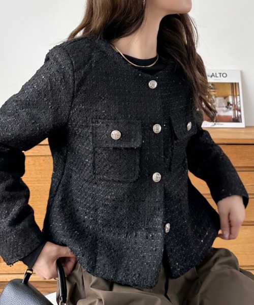 Eclat one（エクラワン）の「【Eclat one】ショート丈 ノーカラー ツイードジャケット（ノーカラージャケット・レディース・ホワイト/ライトブルー/ブラック・M/L）」の10枚目の写真