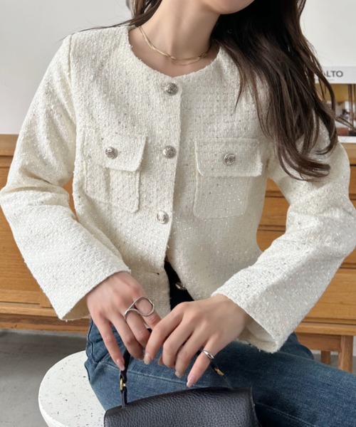 セール】【Eclat one】ショート丈 ノーカラー ツイード