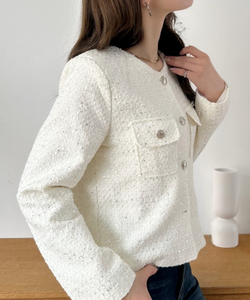 Eclat one（エクラワン）の「【Eclat one】ショート丈 ノーカラー ツイードジャケット（ノーカラージャケット・レディース・ホワイト/ライトブルー/ブラック・M/L）」の6枚目の写真